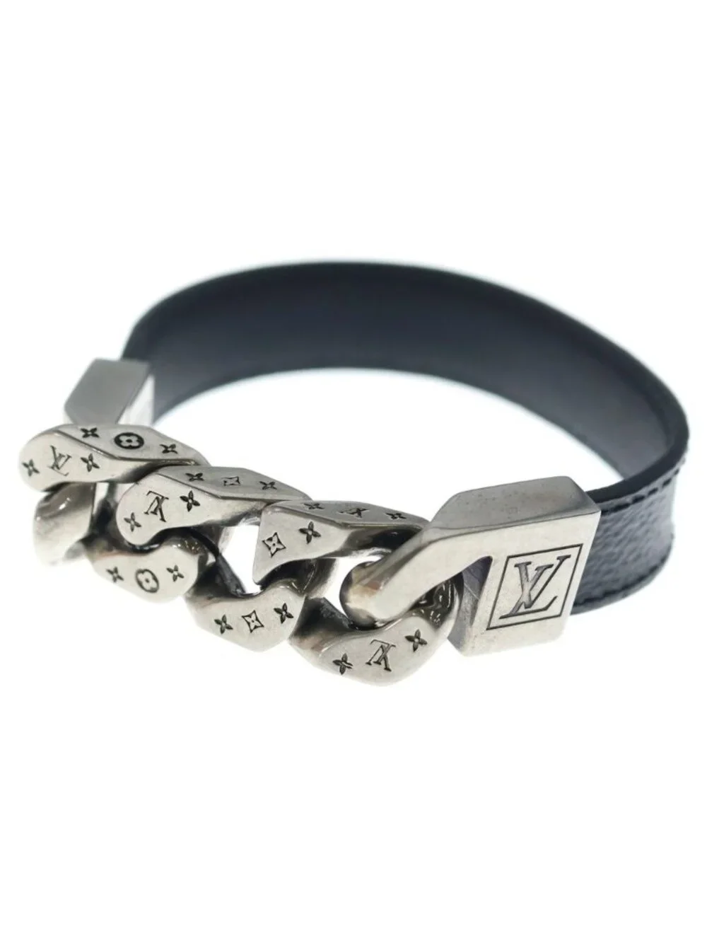 Louis Vuitton Monogram Eclipse Bra Mono Chain Leather Blur Black Silver Bracelet